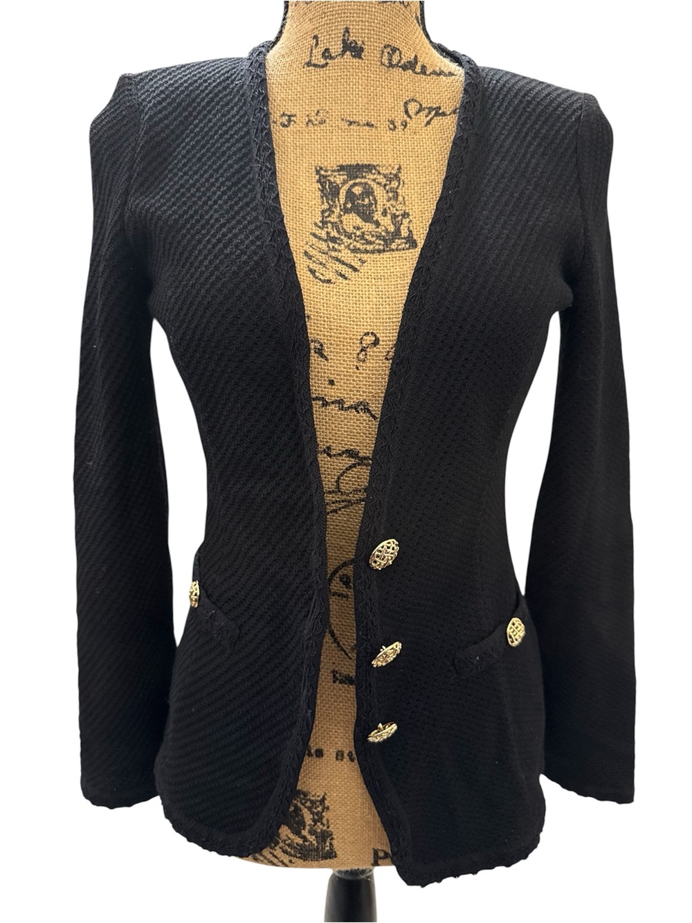 St. John Collection Black Textured Knit Blazer with Gold-Tone Buttons